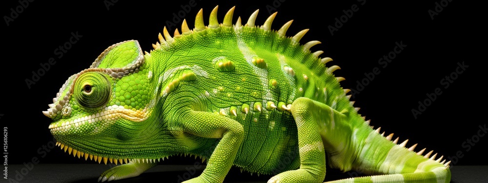 Fototapeta premium A vibrant green lizard with distinctive textures and spikes is set against a dark background, ideal for wildlife articles, educational materials, or as a striking visual element in design projects,