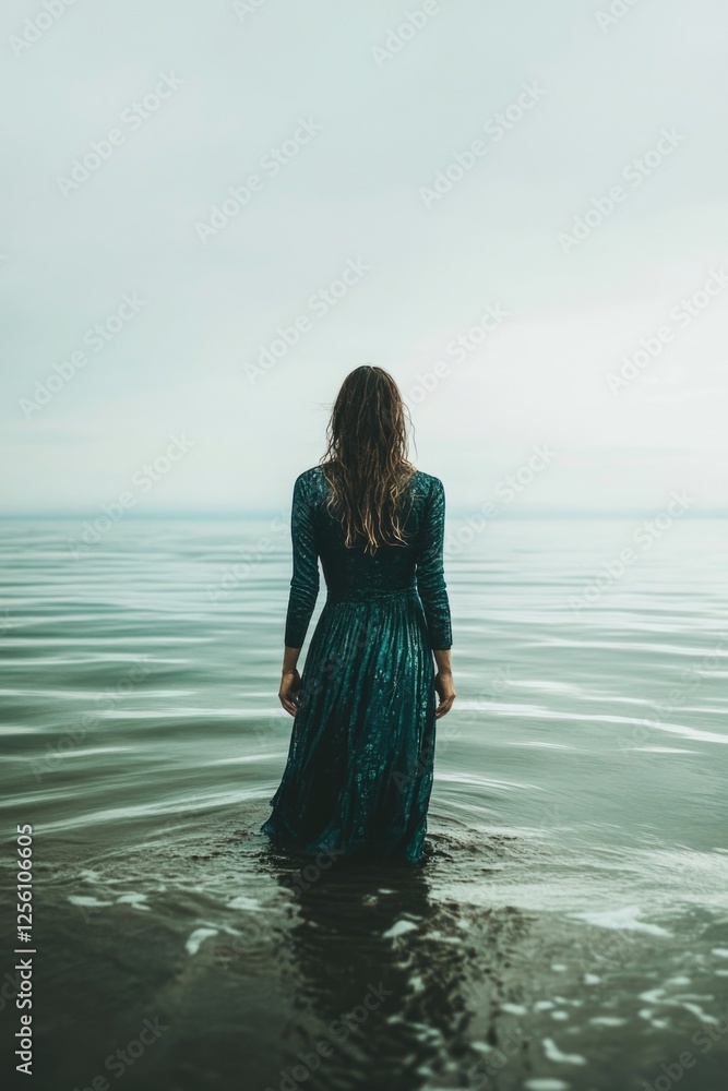 Woman in green dress standing in water facing distant horizon Woman in green dress standing in water facing distant horizon