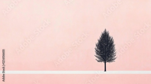 Solitary tree winter landscape, pink wall background