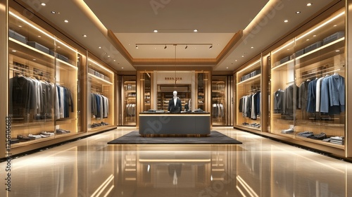 Upscale men's clothing boutique interior, retail display, modern lighting, polished floors, shopping