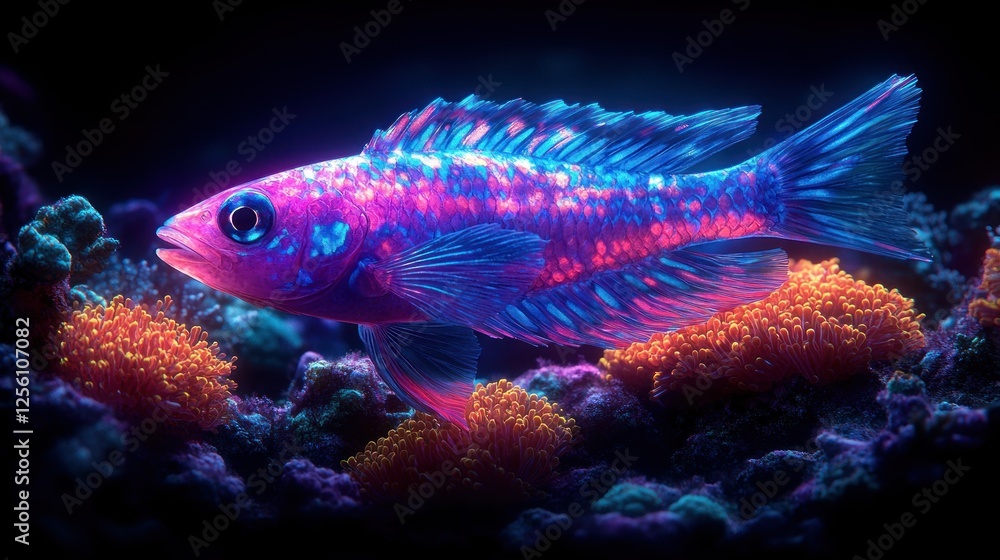 Fototapeta premium Vibrant fish swims coral reef, dark background, aquarium use