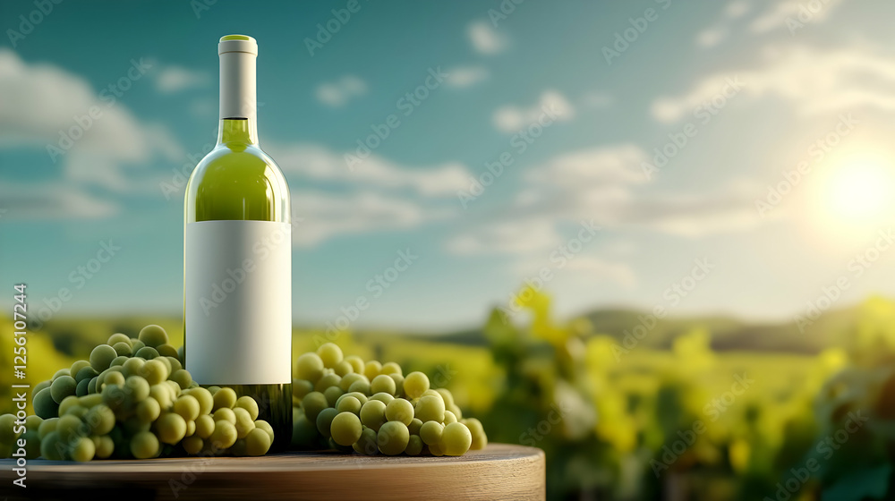 Fototapeta premium A beautifully arranged bottle of white wine surrounded by fresh green grapes under a sunny sky, perfect for wine lovers.