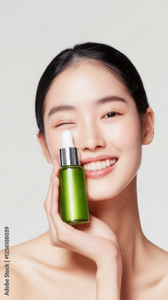 Serene beauty portrait with green tea skincare in hand for wellness and self-care inspiration Serene beauty portrait with green tea skincare in hand for wellness and self-care inspiration