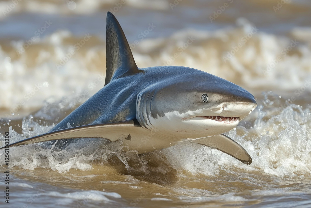 Naklejka premium A Spinner Shark Leaping Out Of The Water, Ocean Waves, Dynamic And Powerful