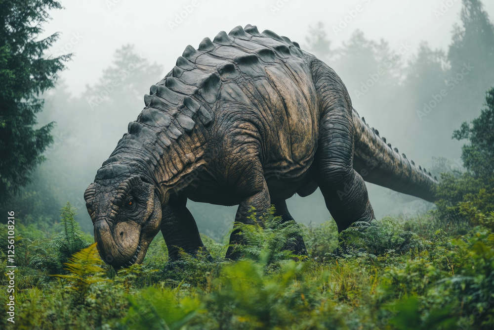 Fototapeta premium A Talarurus Dinosaur Grazing In A Prehistoric Forest, Detailed Armor Plates, Misty Environment