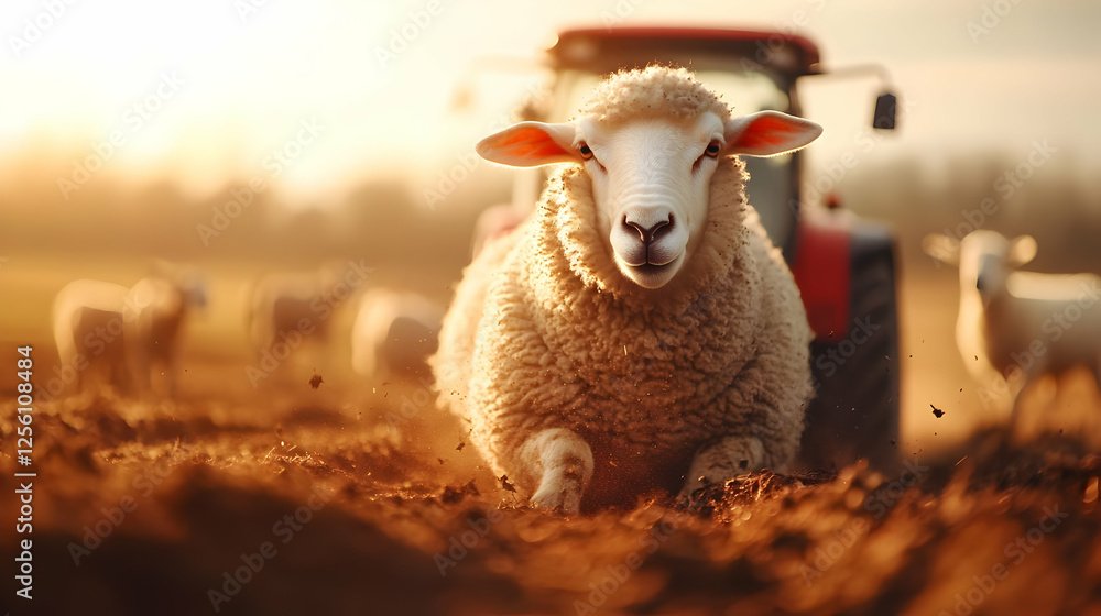 Obraz premium A close-up of a sheep in a field, with a tractor in the background, capturing the essence of rural farming life at sunset.