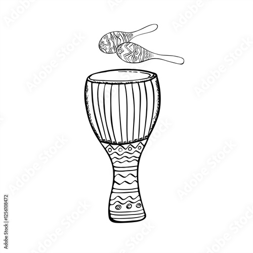 Djembe drum with two colored maraca shakers watercolor illustration isolated on white background. Traditional Latin and Caribbean music percussion instruments for Mardi Gras, Mexican greeting card