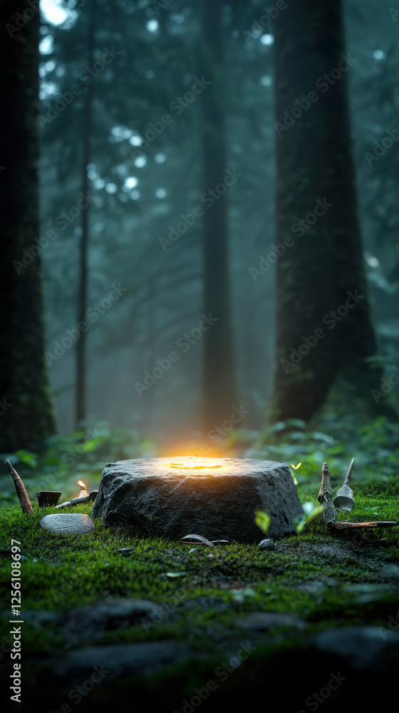 Enchanted rune stone illuminating a mystical forest scene at dusk Enchanted rune stone illuminating a mystical forest scene at dusk