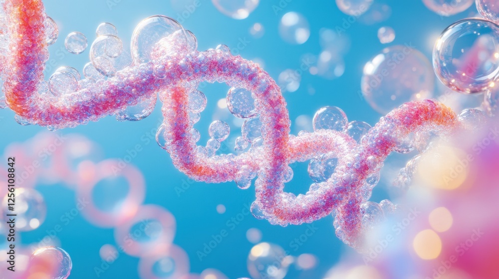 Fototapeta premium A close-up of a DNA double helix with pink bubbles surrounding it, set against a vibrant blue backdrop