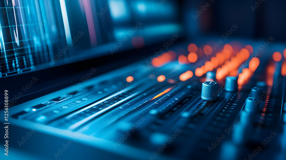 A close-up view of a modern audio mixing console with illuminated buttons and sliders, essential for sound production. A close-up view of a modern audio mixing console with illuminated buttons and sliders, essential for sound production.