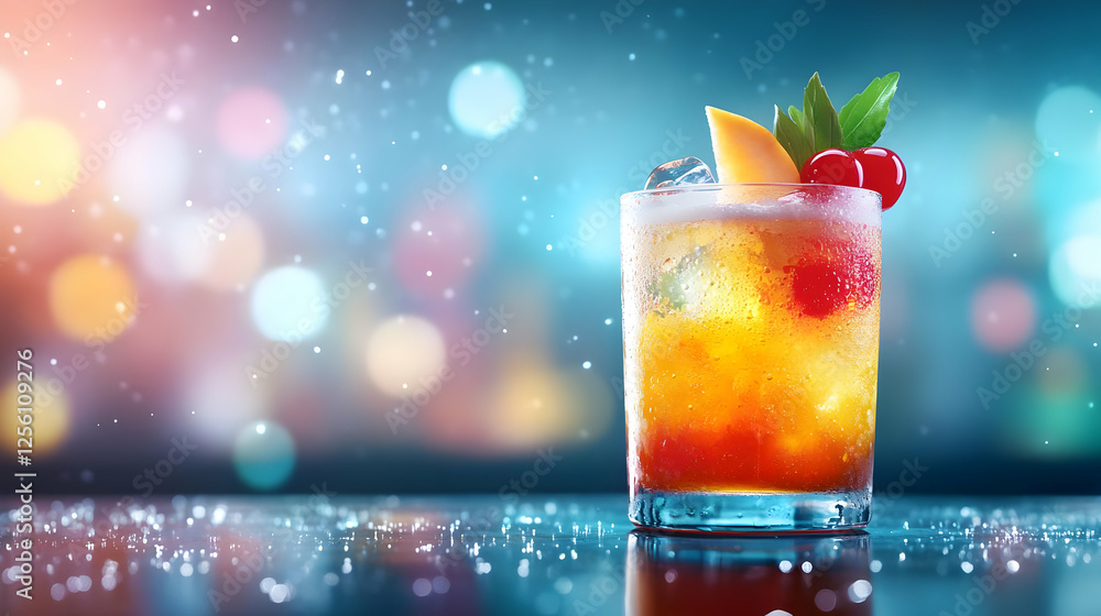 A colorful cocktail with fruits, ice, and a sparkling background, perfect for summer vibes and refreshing moments. A colorful cocktail with fruits, ice, and a sparkling background, perfect for summer vibes and refreshing moments.