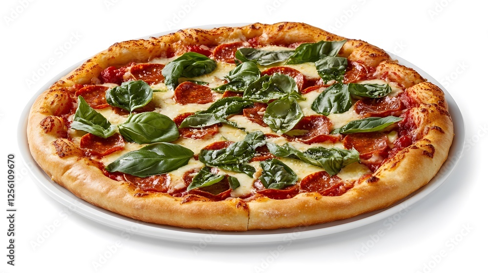 Pepperoni Pizza with Basil: A delicious-looking pepperoni pizza, generously topped with melted cheese and fresh basil leaves, sits on a plate, ready to be enjoyed. Pepperoni Pizza with Basil: A delicious-looking pepperoni pizza, generously topped with melted cheese and fresh basil leaves, sits on a plate, ready to be enjoyed.