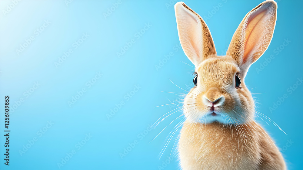 Fototapeta premium A cute rabbit with large ears against a vibrant blue background, showcasing its playful and curious nature.