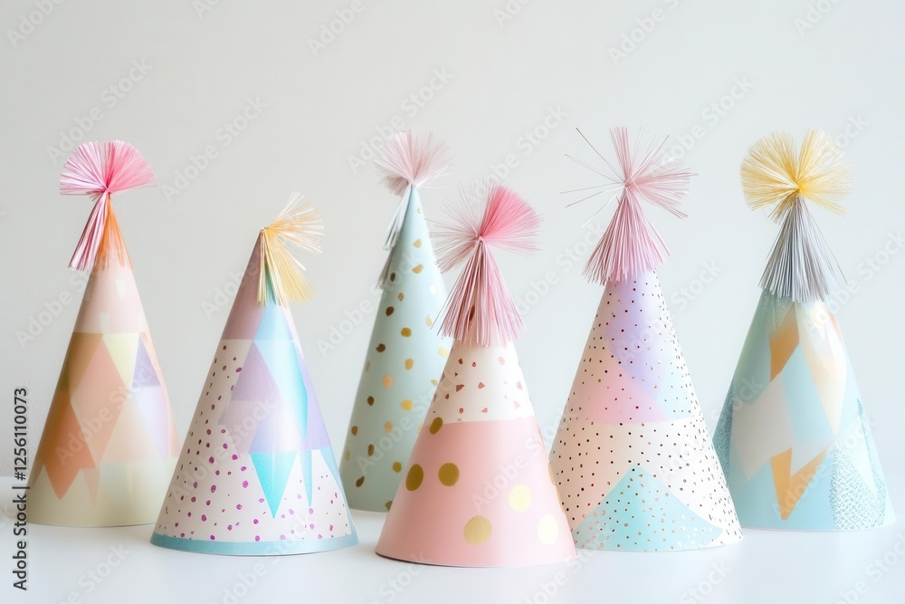 collection of whimsical party hats featuring geometric patterns, holographic materials, and playful tassels in pastel and metallic finishes collection of whimsical party hats featuring geometric patterns, holographic materials, and playful tassels in pastel and metallic finishes