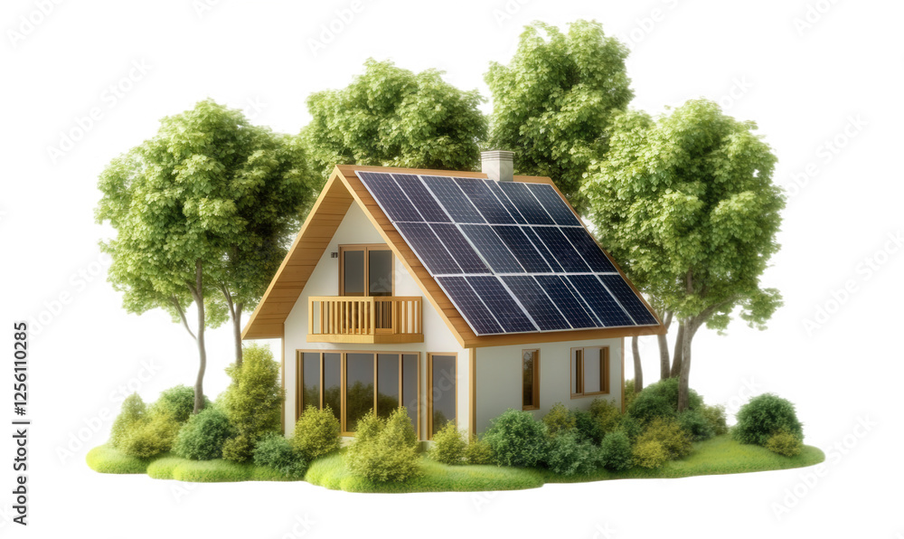 A model of a small house with solar photovoltaic panels installed on the roof A model of a small house with solar photovoltaic panels installed on the roof