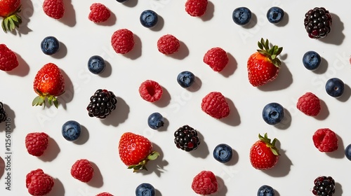 Berrylicious Pattern: A vibrant and appetizing flat lay showcasing a delightful arrangement of fresh strawberries, raspberries, blueberries, and blackberries. photo