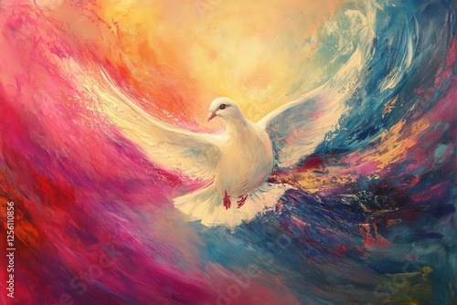 contemporary abstract dove painting with flowing brushstrokes in vibrant colors, spiritual symbolism with ethereal light effects