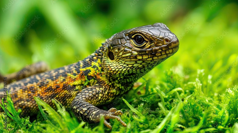 Lizard resting mossy forest vibrant green background nature wildlife Lizard resting mossy forest vibrant green background nature wildlife
