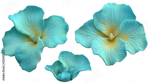 Wallpaper Mural Three blue and turquoise exotic flowers on a white background in macro photography Torontodigital.ca