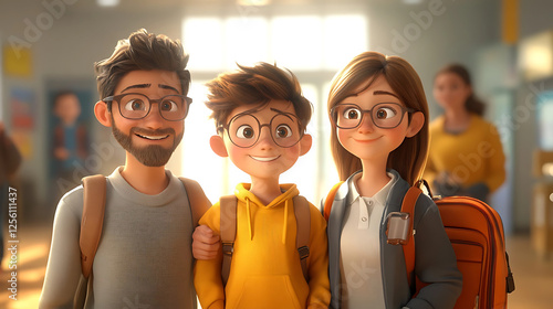 Happy family smiling together in school hallway with backpacks and bright lighting copy space
