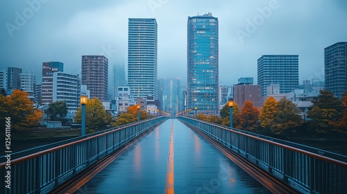 Fototapeta Naklejka Na Ścianę i Meble -  Wet city bridge, autumnal cityscape, misty morning