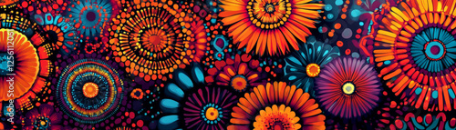 Vibrant circular arrangement of stylized flowers featuring unique African patterns and designs