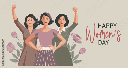 Happy Women's Day card. Young women with raised hands on background with flowers. Banner, poster, illustration