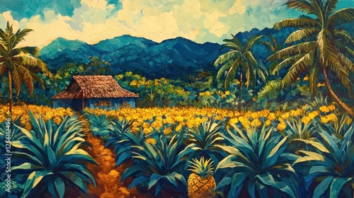 Serene Tropical Landscape: Agave Field, Hut, and Mountains