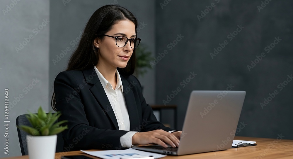 Young businesswoman professional employee using pc doing online banking analysing at workplace. Young businesswoman professional employee using pc doing online banking analysing at workplace.