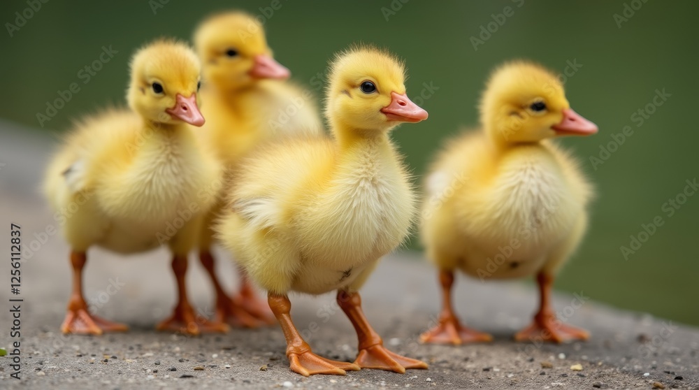 A close-up of adorable ducklings waddling by a pond, showcasing their fluffy yellow feathers and curious expressions. A close-up of adorable ducklings waddling by a pond, showcasing their fluffy yellow feathers and curious expressions.