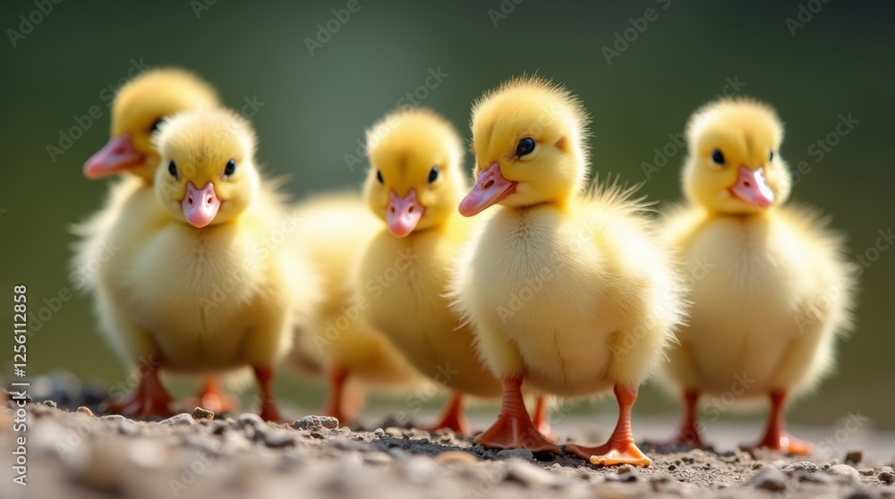 A close-up of adorable ducklings waddling by a pond, showcasing their fluffy yellow feathers and curious expressions. A close-up of adorable ducklings waddling by a pond, showcasing their fluffy yellow feathers and curious expressions.