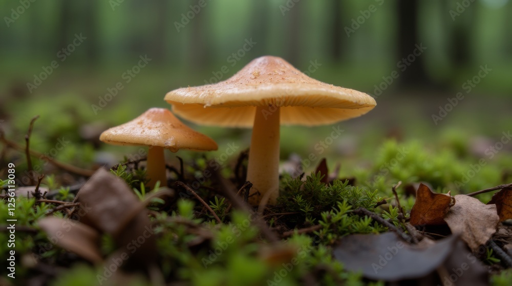 A close-up view of a delicate mushroom growing on the forest floor, surrounded by moss and fallen leaves A close-up view of a delicate mushroom growing on the forest floor, surrounded by moss and fallen leaves