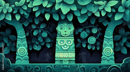 A mesmerizing illustration of ancient totemic symbols in a lush forest. photo