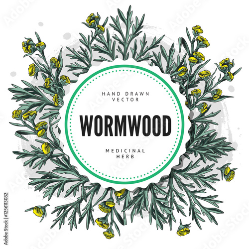 Wormwood plant sketch round label vector design, hand drawn branch, flowers and leaves, medicinal plant, Artemisia herb