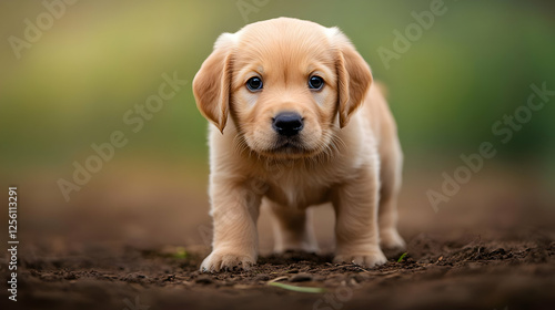 A playful yellow Labrador puppy exploring its surroundings with curiosity and innocence in a natural outdoor setting. photo