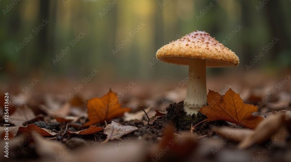 A close-up view of a delicate mushroom growing on the forest floor, surrounded by moss and fallen leaves A close-up view of a delicate mushroom growing on the forest floor, surrounded by moss and fallen leaves