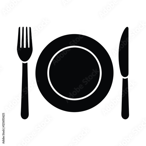 Vector silhouette illustration of a plate with knife and fork