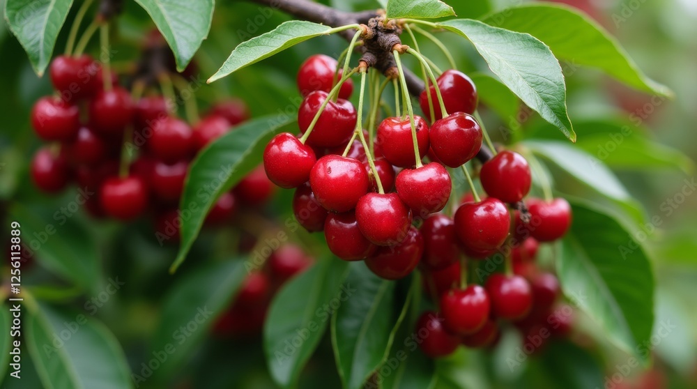A lush cherry tree laden with ripe, red cherries, surrounded by vibrant green leaves A lush cherry tree laden with ripe, red cherries, surrounded by vibrant green leaves