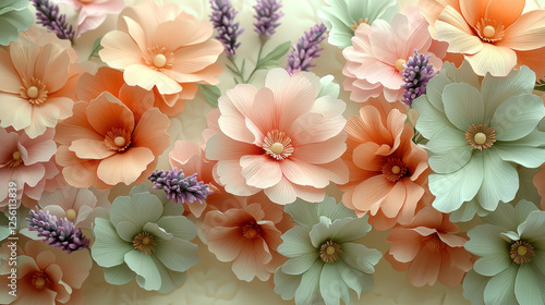Pastel paper flowers background, spring floral arrangement for cards, invitations