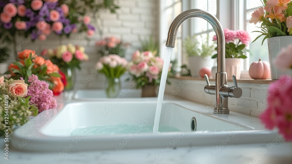 Bright flowers surrounding a modern sink with water stream; evokes fresh, vibrant, clean indoor aesthetic showcasing decoration and practicality. Bright flowers surrounding a modern sink with water stream; evokes fresh, vibrant, clean indoor aesthetic showcasing decoration and practicality.