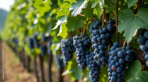 Wallpaper Mural A lush grape vine draped with clusters of ripe grapes, surrounded by vibrant green leaves, creating a rich and inviting scene of abundance in a vineyard. Torontodigital.ca