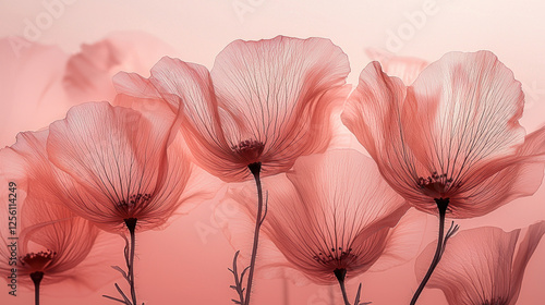 Translucent pink poppies on a soft pink background, ideal for backgrounds or prints