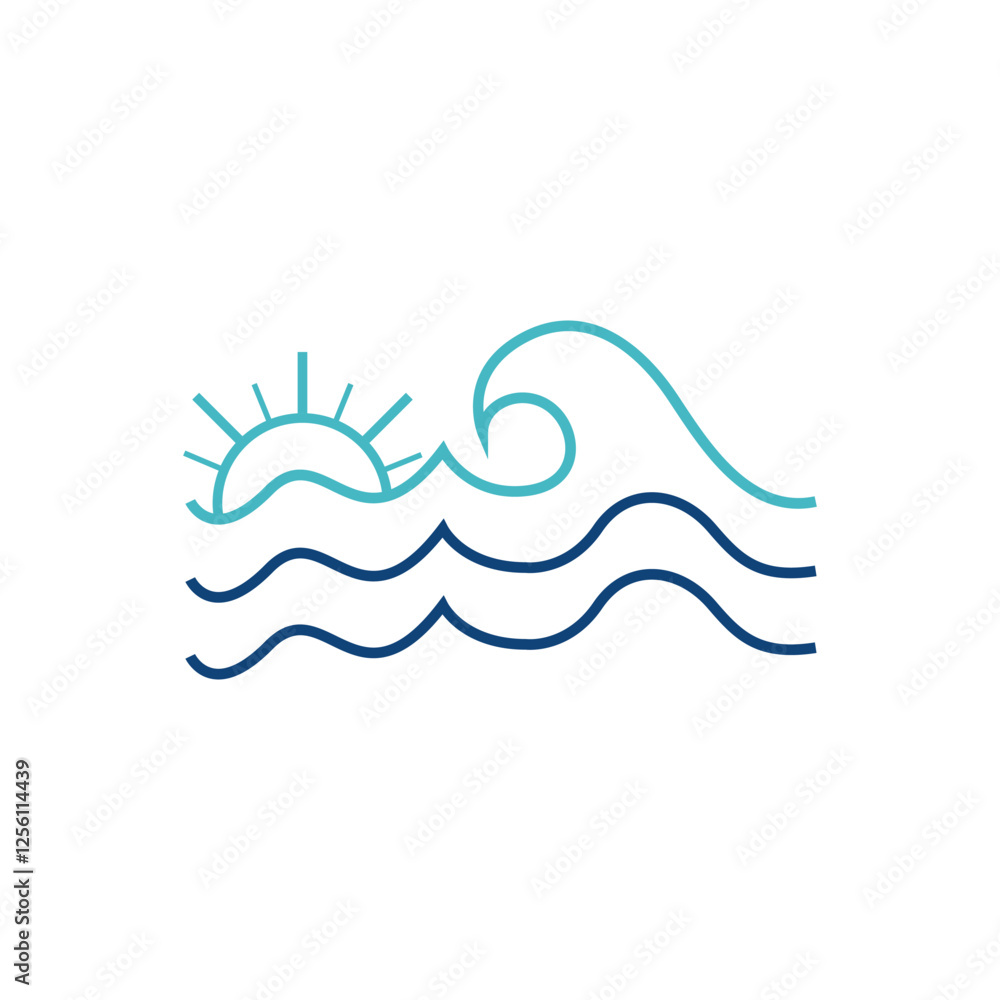 Ocean waves and sun line art logo. Ocean waves and sun line art logo.