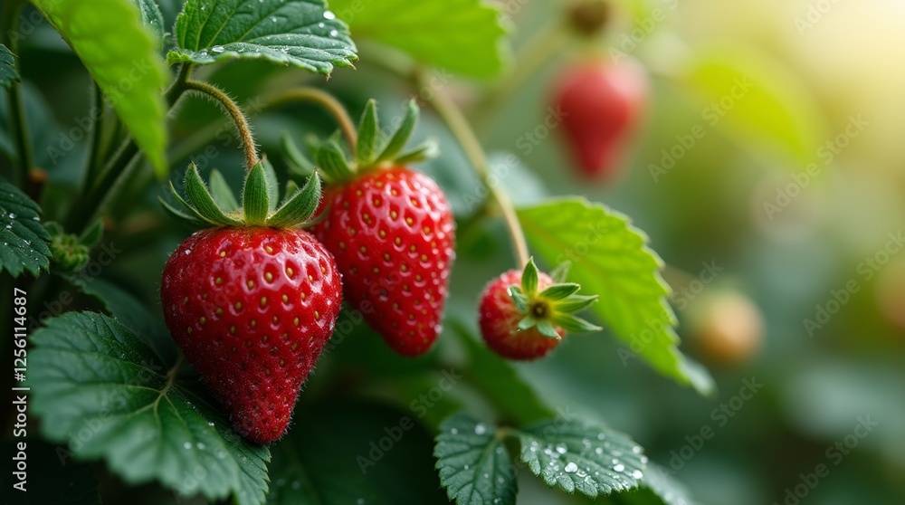 A realistic close-up of a lush strawberry bush with ripe red strawberries nestled among vibrant green leaves A realistic close-up of a lush strawberry bush with ripe red strawberries nestled among vibrant green leaves