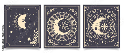 Set of cards with mystical celestial sun, moon and stars. Art prints, wall posters. Illustration