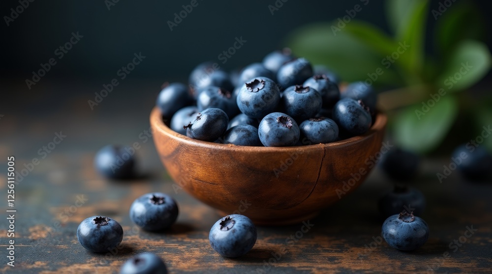 Fresh blueberries in a rustic wooden bowl on an aged table with a dark background highlighting natural textures and empty space for text Fresh blueberries in a rustic wooden bowl on an aged table with a dark background highlighting natural textures and empty space for text
