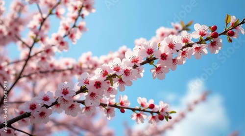 A scenic cherry tree in full bloom with ripe cherries, set against a clear blue sky