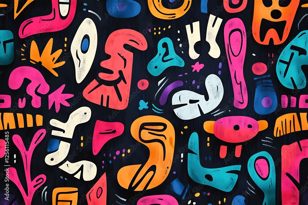 Vibrant abstract shapes and doodles on dark background. Vibrant abstract shapes and doodles on dark background.