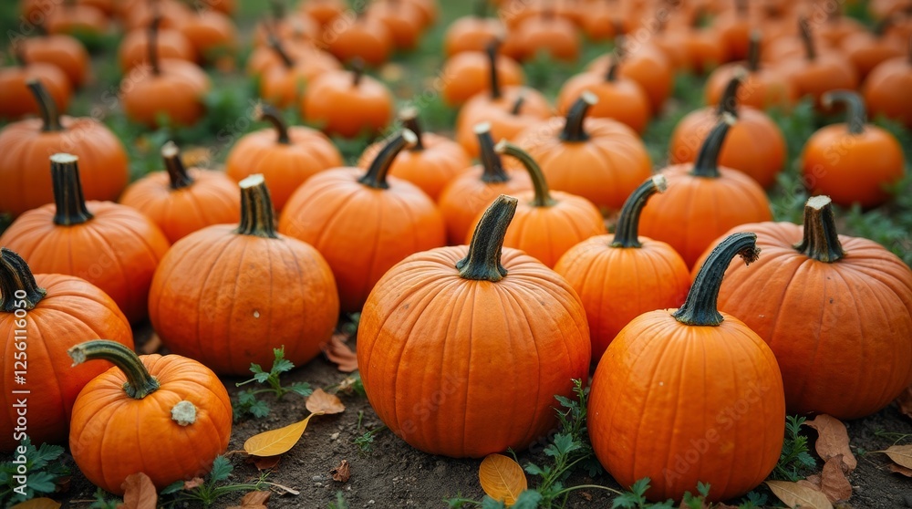 A vibrant pumpkin patch filled with various sizes and shapes of pumpkins, surrounded by green vines and autumn leaves A vibrant pumpkin patch filled with various sizes and shapes of pumpkins, surrounded by green vines and autumn leaves