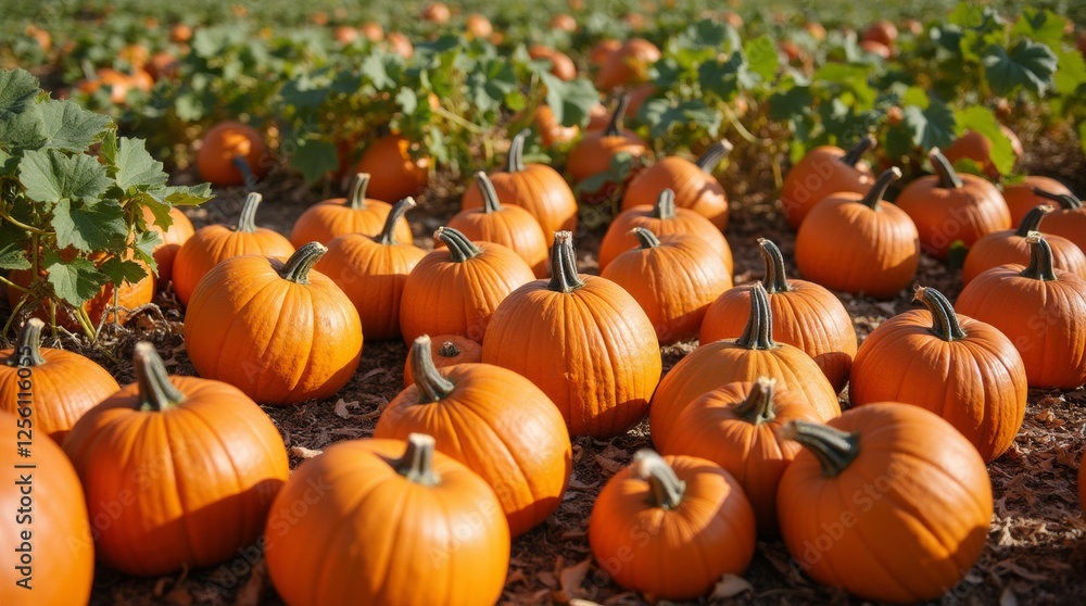 A vibrant pumpkin patch filled with various sizes and shapes of pumpkins, surrounded by green vines and autumn leaves A vibrant pumpkin patch filled with various sizes and shapes of pumpkins, surrounded by green vines and autumn leaves